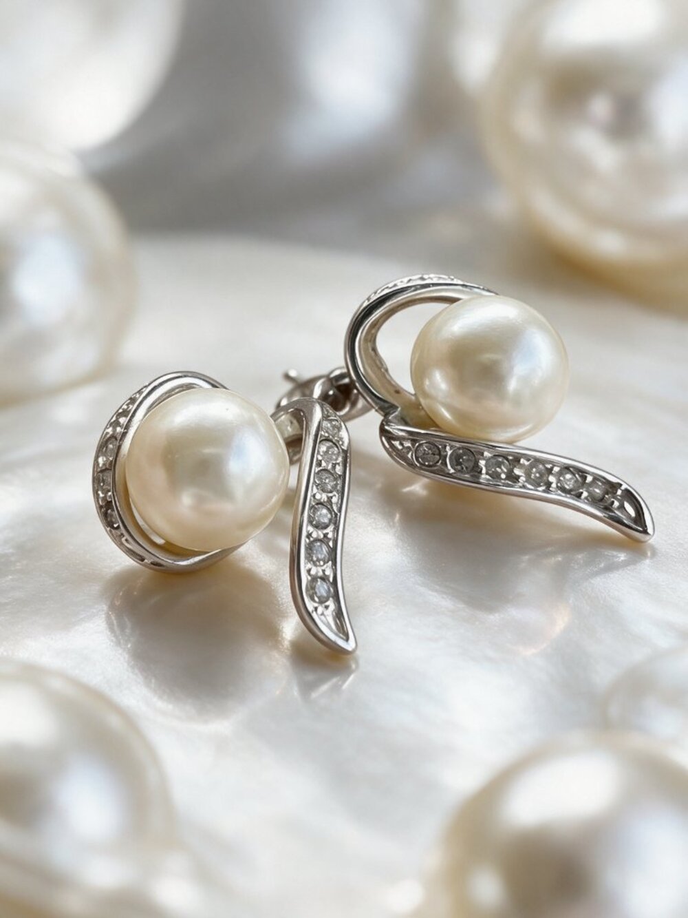 Elegant Pearl & Crystal Swirl Stud Earrings